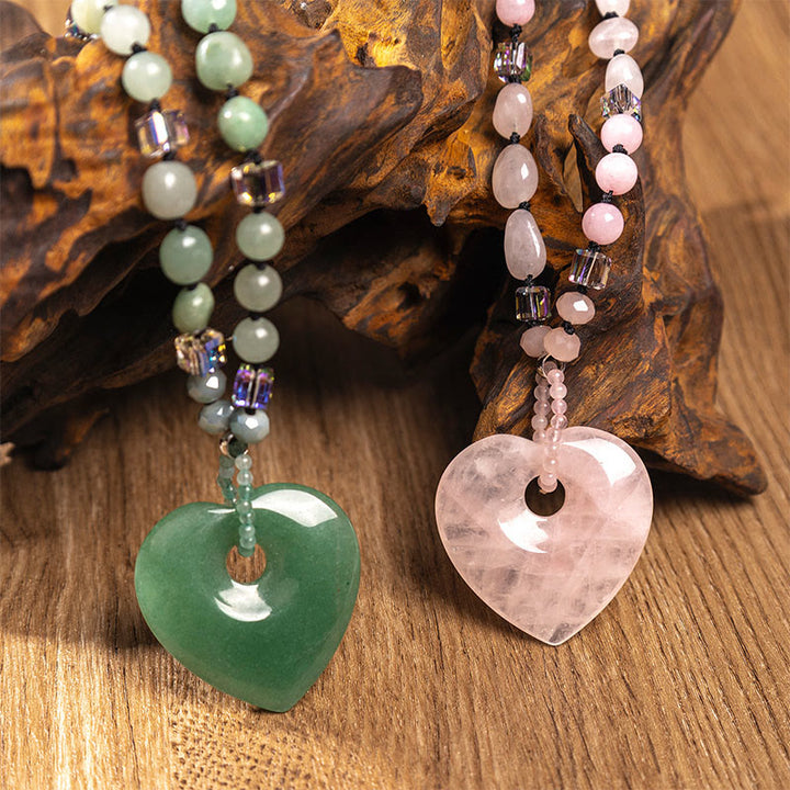 Buddha Stones Collier pendentif porte-bonheur en quartz rose et aventurine verte en forme de cœur, perles en aventurine verte et quartz rose. - image 0