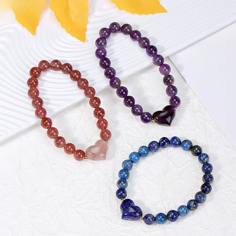 Buddha Stones Bracelet spirituel en améthyste naturelle, aventurine verte, œil de tigre et quartz fraise en forme de cœur - image 22