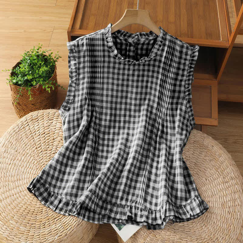 Buddha Stones T-shirt sans manches à carreaux d'été pour femme, col rond à volants et boutons au dos - Noir - US8-10，UK/AU12-14，EU40-42 (2XL) - image 0