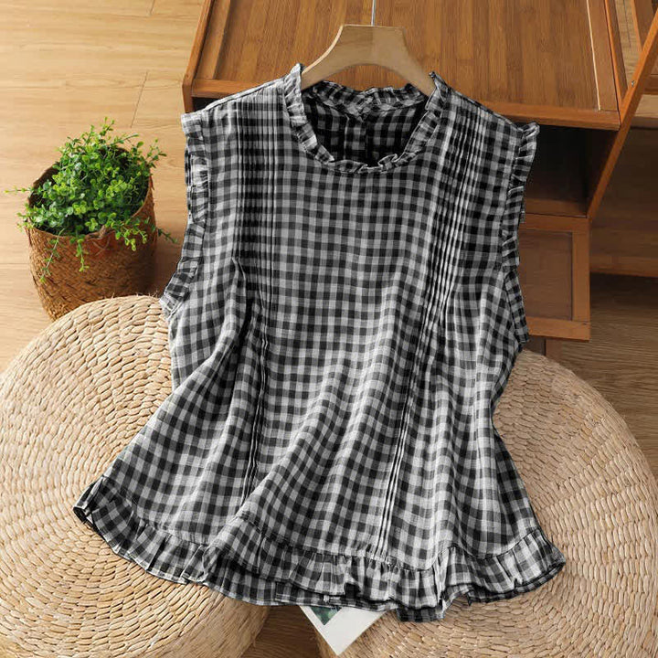 Buddha Stones T-shirt sans manches à carreaux d'été pour femme, col rond à volants et boutons au dos - Noir - US8-10，UK/AU12-14，EU40-42 (2XL) - image 0