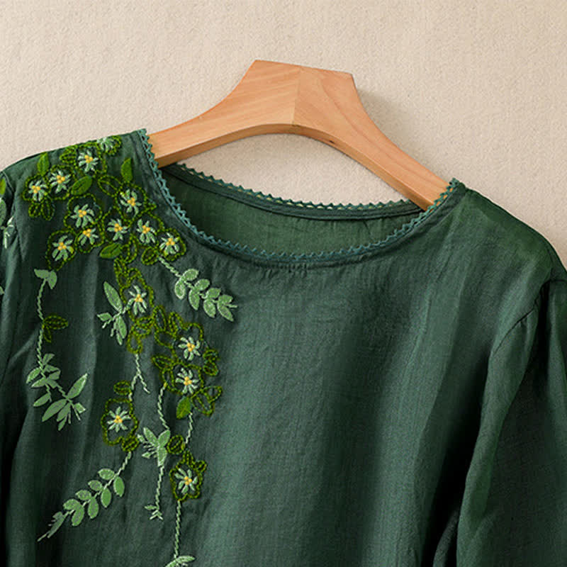 Buddha Stones Chemise femme à manches courtes et col rond, motif floral brodé rétro - image 1