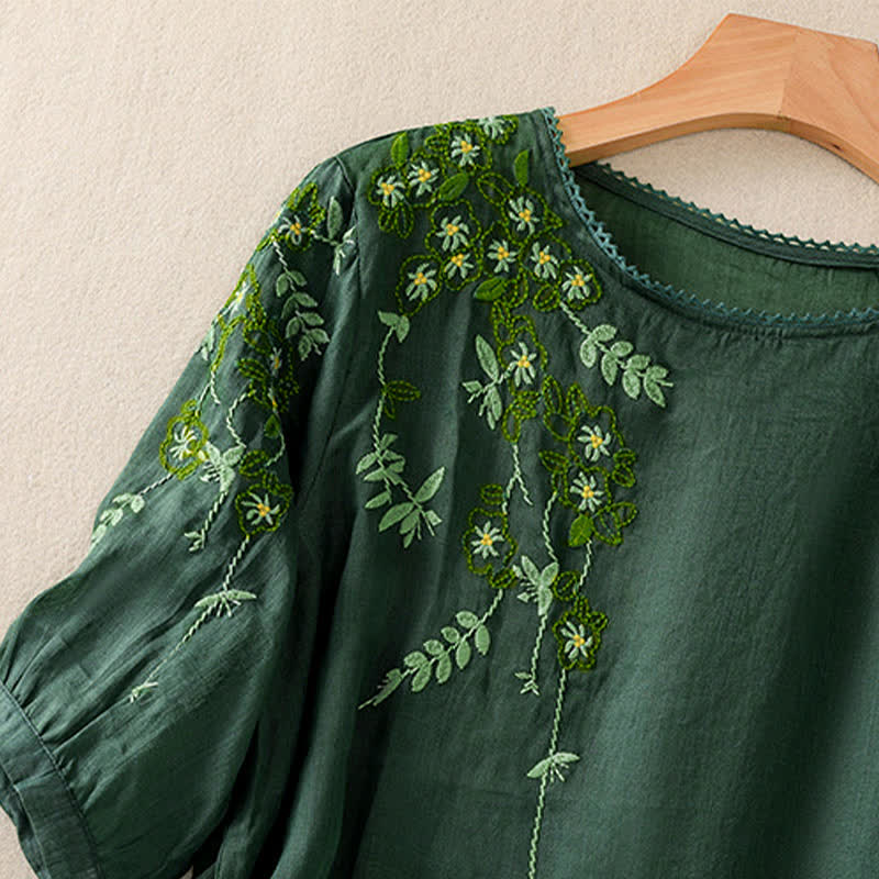 Buddha Stones Chemise femme à manches courtes et col rond, motif floral brodé rétro - image 3