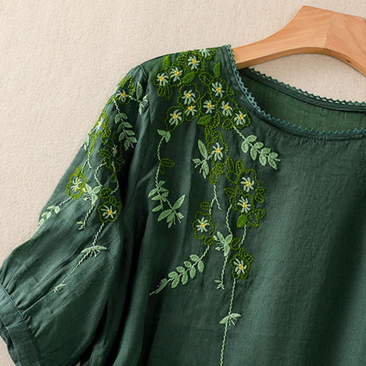 Buddha Stones Chemise femme à manches courtes et col rond, motif floral brodé rétro - image 3