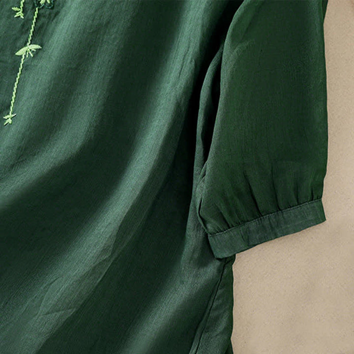 Buddha Stones Chemise femme à manches courtes et col rond, motif floral brodé rétro - image 5