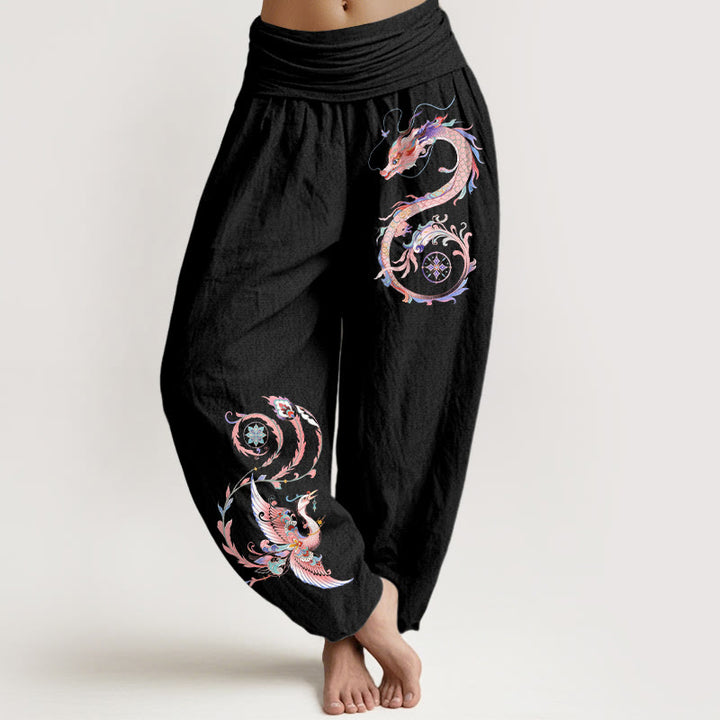 Buddha Stones Pantalon harem à taille élastique pour femme, en coton, motif dragon et phénix volants - Noir - US16，UK/AU20，EU48 (3XL) - image 0