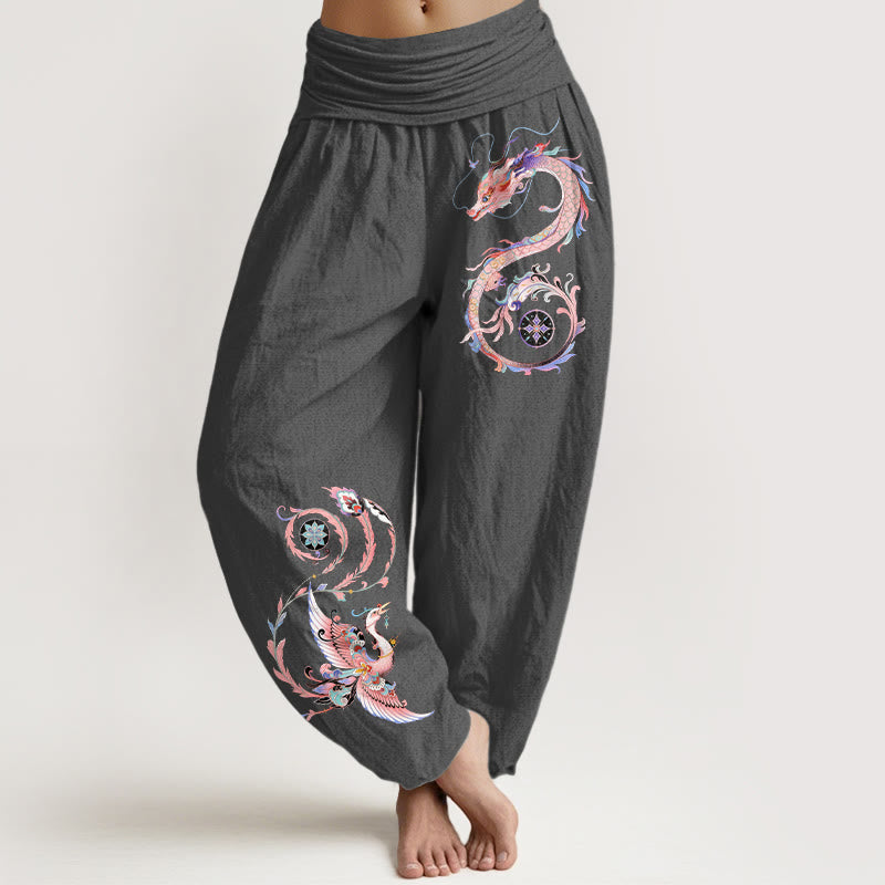 Buddha Stones Pantalon harem à taille élastique pour femme, en coton, motif dragon et phénix volants - Gris terne - US16，UK/AU20，EU48 (3XL) - image 11