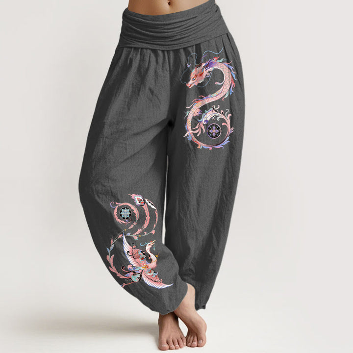 Buddha Stones Pantalon harem à taille élastique pour femme, en coton, motif dragon et phénix volants - Gris terne - US16，UK/AU20，EU48 (3XL) - image 11