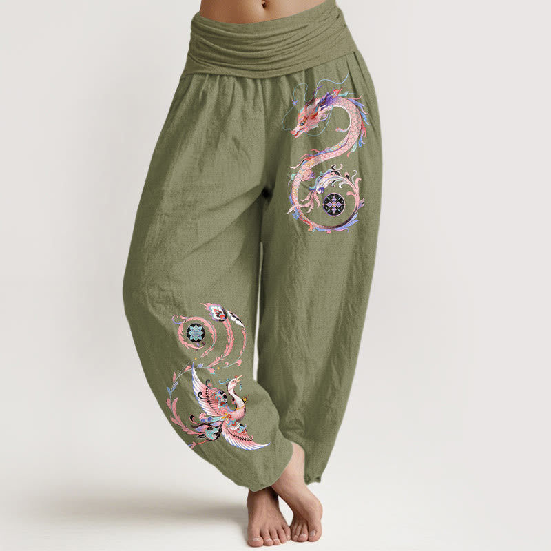 Buddha Stones Pantalon harem à taille élastique pour femme, en coton, motif dragon et phénix volants - Vert olive - US16，UK/AU20，EU48 (3XL) - image 14