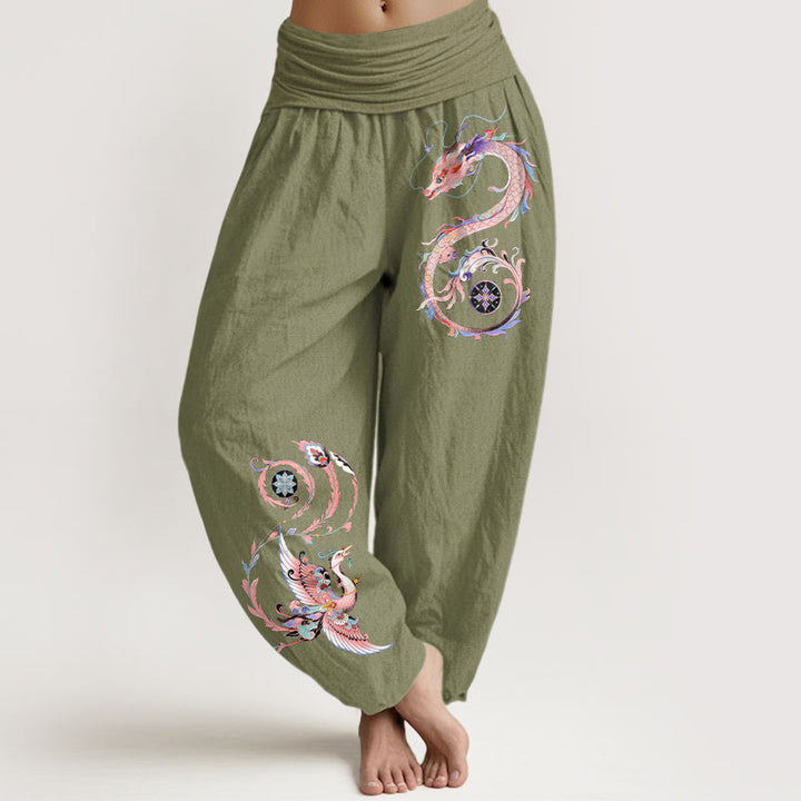 Buddha Stones Pantalon harem à taille élastique pour femme, en coton, motif dragon et phénix volants - Vert olive - US16，UK/AU20，EU48 (3XL) - image 14
