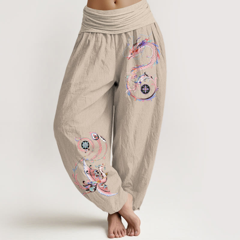 Buddha Stones Pantalon harem à taille élastique pour femme, en coton, motif dragon et phénix volants - Tanné - US16，UK/AU20，EU48 (3XL) - image 5