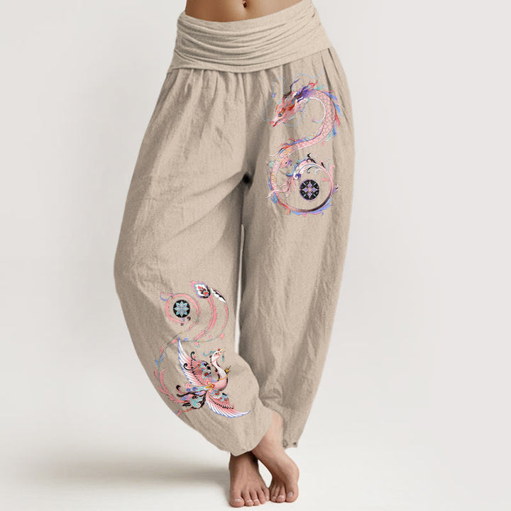 Buddha Stones Pantalon harem à taille élastique pour femme, en coton, motif dragon et phénix volants - Tanné - US16，UK/AU20，EU48 (3XL) - image 5