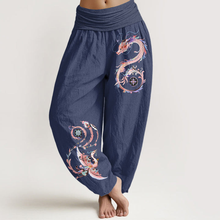 Buddha Stones Pantalon harem à taille élastique pour femme, en coton, motif dragon et phénix volants - Bleu ardoise foncé - US16，UK/AU20，EU48 (3XL) - image 8