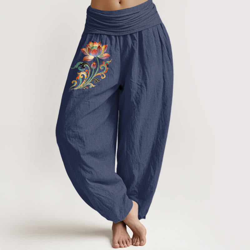 Buddha Stones Pantalon harem à taille élastique pour femme, en coton à motif de fleurs de lotus colorées - Bleu ardoise foncé - US16，UK/AU20，EU48 (3XL) - image 0