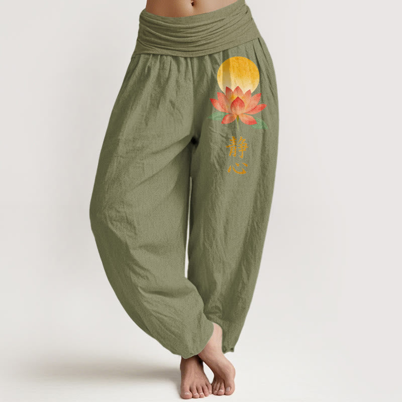 Buddha Stones Pantalon harem à taille élastique pour femme, en coton, motif pleine lune et fleur de lotus - Vert olive - US16，UK/AU20，EU48 (3XL) - image 14