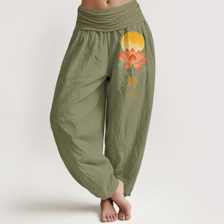 Buddha Stones Pantalon harem à taille élastique pour femme, en coton, motif pleine lune et fleur de lotus - Vert olive - US16，UK/AU20，EU48 (3XL) - image 14