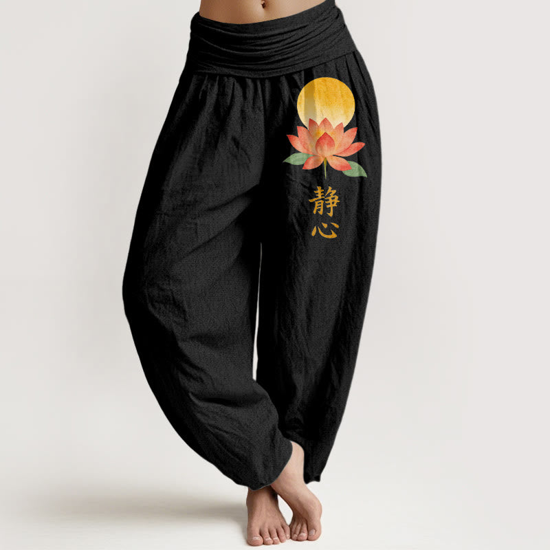 Buddha Stones Pantalon harem à taille élastique pour femme, en coton, motif pleine lune et fleur de lotus - Noir - US16，UK/AU20，EU48 (3XL) - image 0
