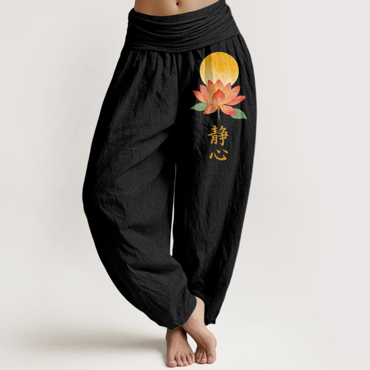 Buddha Stones Pantalon harem à taille élastique pour femme, en coton, motif pleine lune et fleur de lotus - Noir - US16，UK/AU20，EU48 (3XL) - image 0