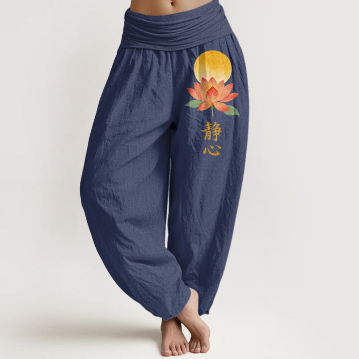 Buddha Stones Pantalon harem à taille élastique pour femme, en coton, motif pleine lune et fleur de lotus - Bleu ardoise foncé - US16，UK/AU20，EU48 (3XL) - image 5