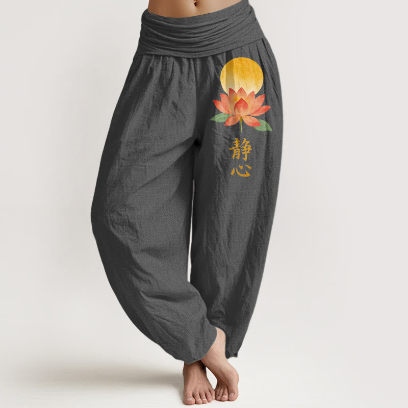 Buddha Stones Pantalon harem à taille élastique pour femme, en coton, motif pleine lune et fleur de lotus - Gris sombre - US16，UK/AU20，EU48 (3XL) - image 8