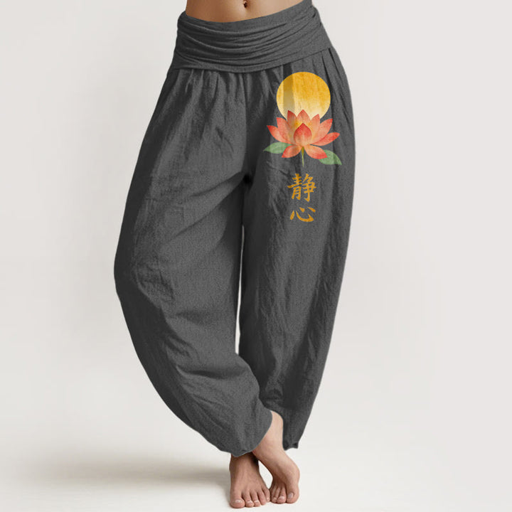 Buddha Stones Pantalon harem à taille élastique pour femme, en coton, motif pleine lune et fleur de lotus - Gris sombre - US16，UK/AU20，EU48 (3XL) - image 8
