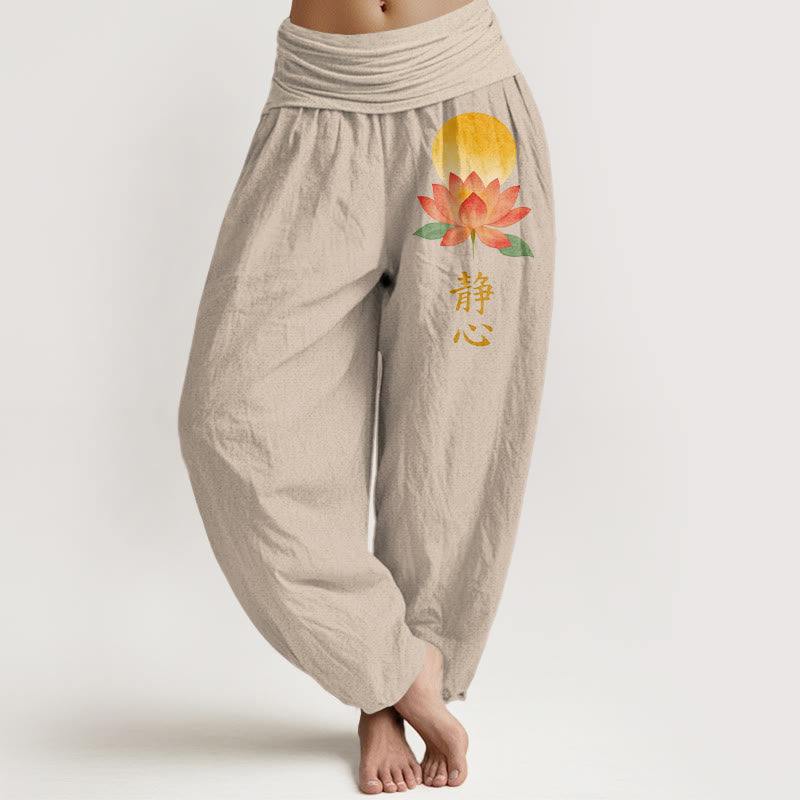 Buddha Stones Pantalon harem à taille élastique pour femme, en coton, motif pleine lune et fleur de lotus - Tanné - US16，UK/AU20，EU48 (3XL) - image 11