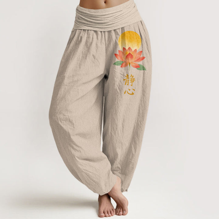 Buddha Stones Pantalon harem à taille élastique pour femme, en coton, motif pleine lune et fleur de lotus - Tanné - US16，UK/AU20，EU48 (3XL) - image 11