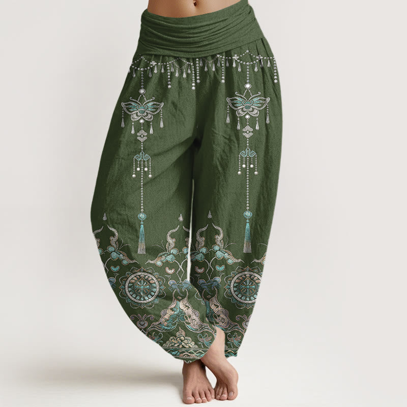 Buddha Stones Pantalon harem pour femme en coton classique à motif papillon, fleur et pompon, taille élastique - Vert foncé - US16，UK/AU20，EU48 (3XL) - image 0