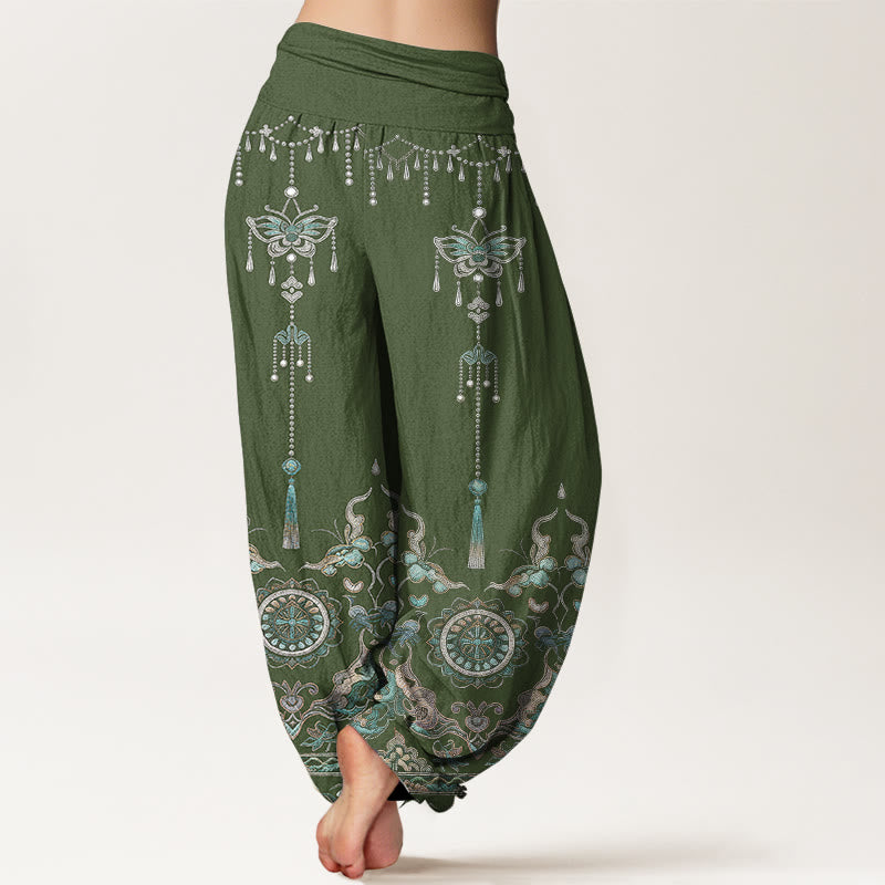 Buddha Stones Pantalon harem pour femme en coton classique à motif papillon, fleur et pompon, taille élastique - image 1