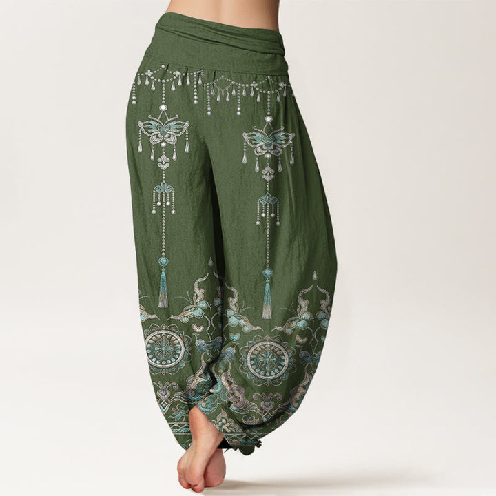 Buddha Stones Pantalon harem pour femme en coton classique à motif papillon, fleur et pompon, taille élastique - image 1