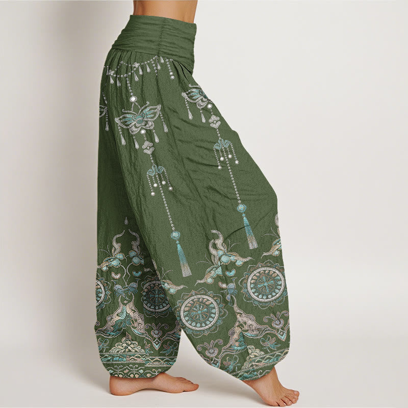 Buddha Stones Pantalon harem pour femme en coton classique à motif papillon, fleur et pompon, taille élastique - image 2