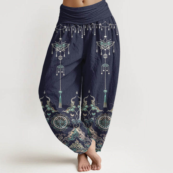 Buddha Stones Pantalon harem pour femme en coton classique à motif papillon, fleur et pompon, taille élastique - SteelBlue - US16，UK/AU20，EU48 (3XL) - image 5