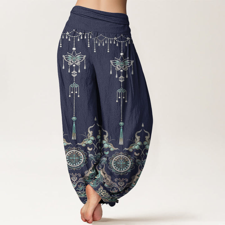 Buddha Stones Pantalon harem pour femme en coton classique à motif papillon, fleur et pompon, taille élastique - image 6