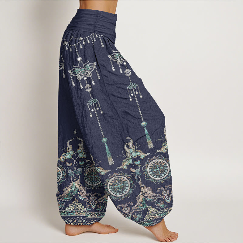 Buddha Stones Pantalon harem pour femme en coton classique à motif papillon, fleur et pompon, taille élastique - image 7