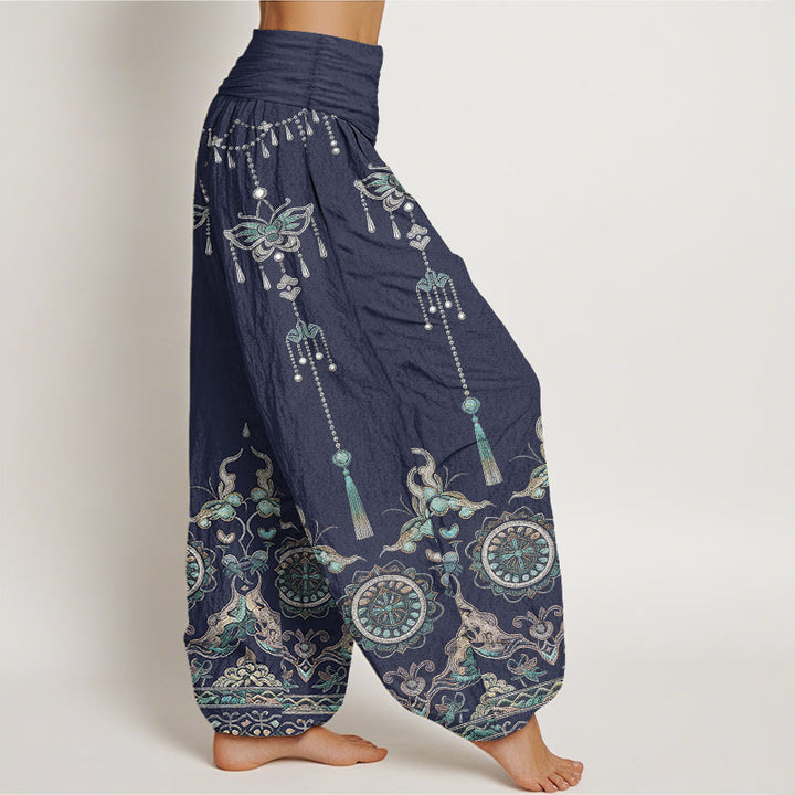 Buddha Stones Pantalon harem pour femme en coton classique à motif papillon, fleur et pompon, taille élastique - image 7