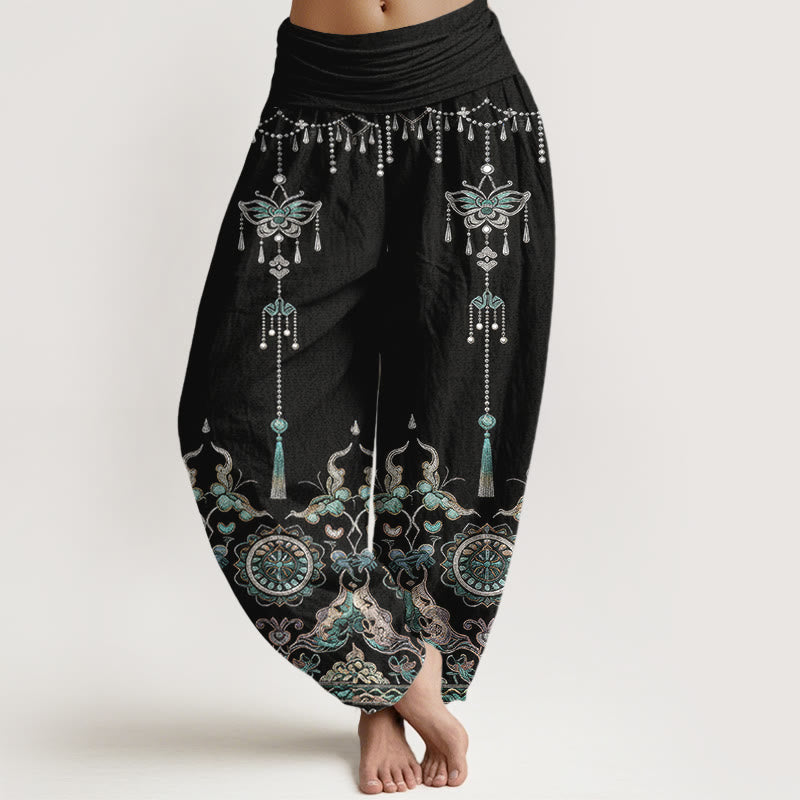 Buddha Stones Pantalon harem pour femme en coton classique à motif papillon, fleur et pompon, taille élastique - Noir - US16，UK/AU20，EU48 (3XL) - image 8