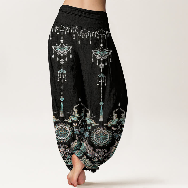 Buddha Stones Pantalon harem pour femme en coton classique à motif papillon, fleur et pompon, taille élastique - image 9