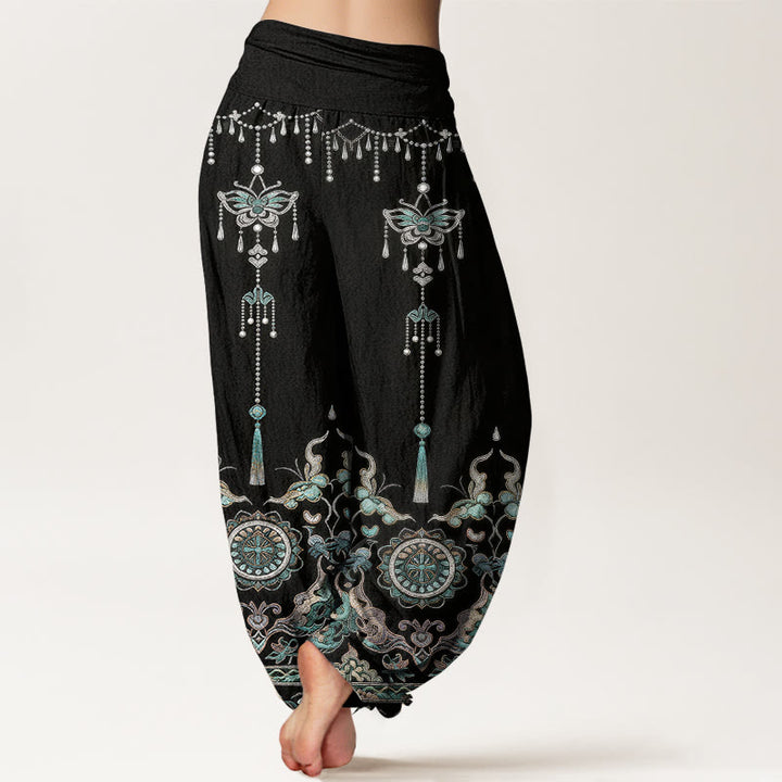 Buddha Stones Pantalon harem pour femme en coton classique à motif papillon, fleur et pompon, taille élastique - image 9