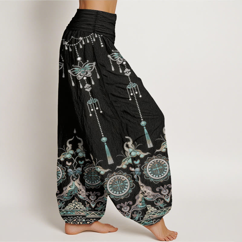 Buddha Stones Pantalon harem pour femme en coton classique à motif papillon, fleur et pompon, taille élastique - image 10