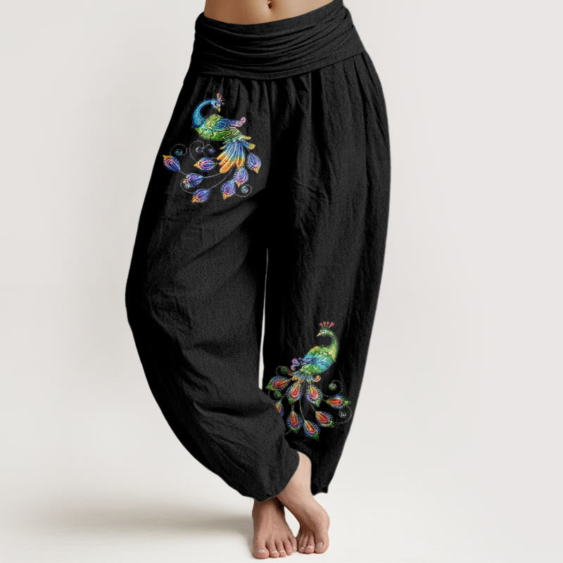 Buddha Stones Pantalon harem pour femme en coton à motif paon coloré et taille élastique - Noir - US16，UK/AU20，EU48 (3XL) - image 0