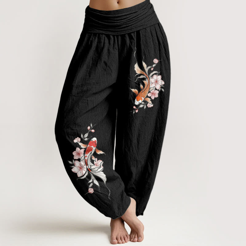 Buddha Stones Pantalon harem à taille élastique pour femme, en coton, motif carpes koï et fleurs de pêcher roses - Noir - US16，UK/AU20，EU48 (3XL) - image 5
