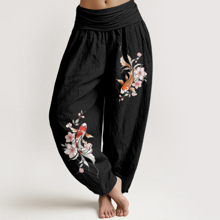 Buddha Stones Pantalon harem à taille élastique pour femme, en coton, motif carpes koï et fleurs de pêcher roses - Noir - US16，UK/AU20，EU48 (3XL) - image 5