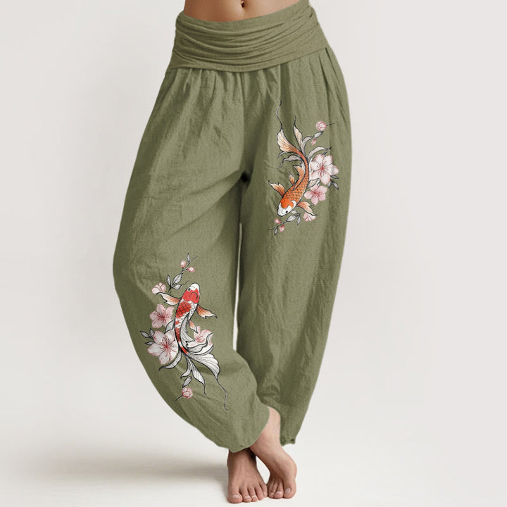 Buddha Stones Pantalon harem à taille élastique pour femme, en coton, motif carpes koï et fleurs de pêcher roses - Vert olive - US16，UK/AU20，EU48 (3XL) - image 14