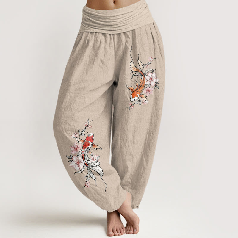 Buddha Stones Pantalon harem à taille élastique pour femme, en coton, motif carpes koï et fleurs de pêcher roses - Tanné - US16，UK/AU20，EU48 (3XL) - image 11