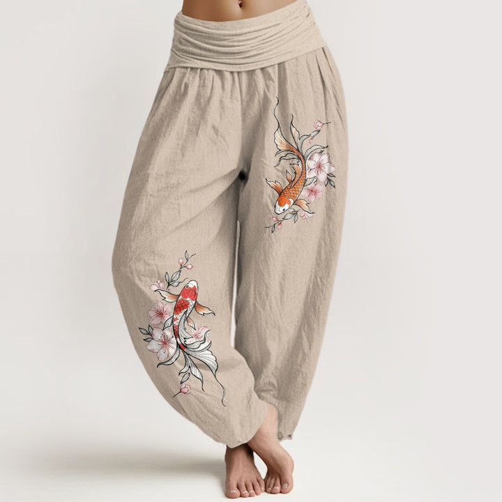 Buddha Stones Pantalon harem à taille élastique pour femme, en coton, motif carpes koï et fleurs de pêcher roses - Tanné - US16，UK/AU20，EU48 (3XL) - image 11