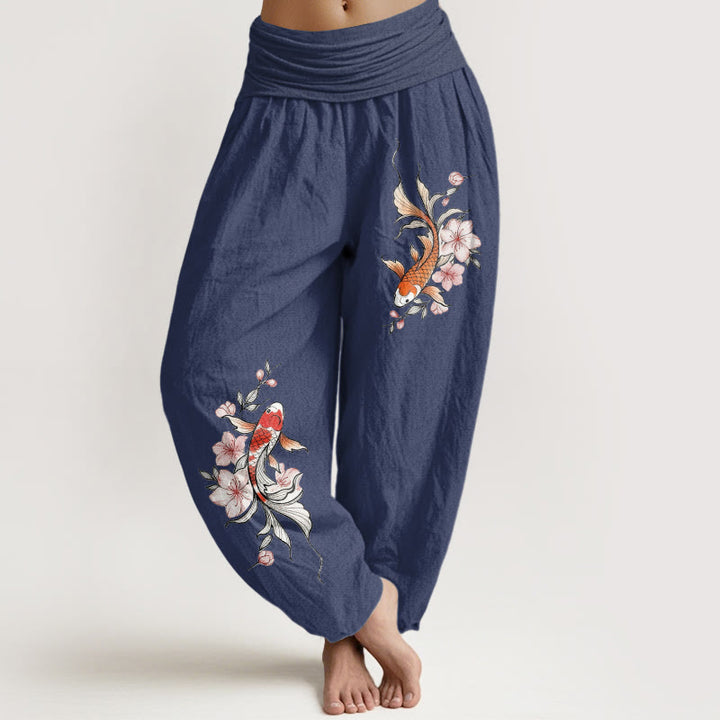 Buddha Stones Pantalon harem à taille élastique pour femme, en coton, motif carpes koï et fleurs de pêcher roses - Bleu ardoise foncé - US16，UK/AU20，EU48 (3XL) - image 0