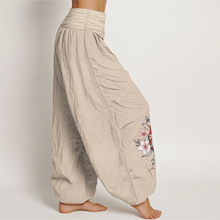 Buddha Stones Pantalon harem à taille élastique pour femme, en coton, motif carpes koï et fleurs de pêcher roses - image 13