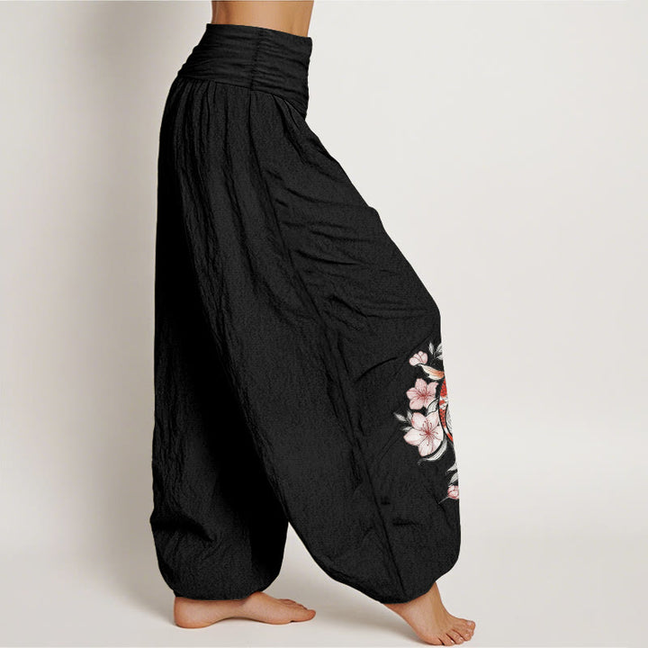 Buddha Stones Pantalon harem à taille élastique pour femme, en coton, motif carpes koï et fleurs de pêcher roses - image 7