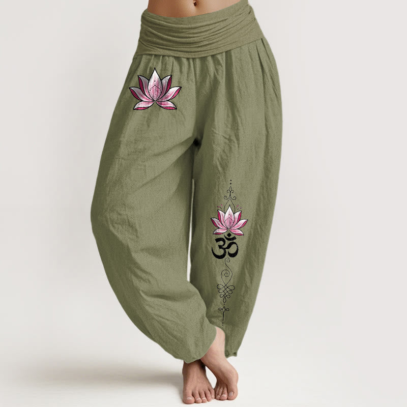Buddha Stones Pantalon harem à taille élastique pour femme, motif lotus OM rose en coton - Vert olive - US16，UK/AU20，EU48 (3XL) - image 14