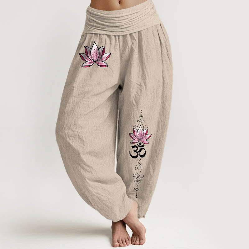 Buddha Stones Pantalon harem à taille élastique pour femme, motif lotus OM rose en coton - Tanné - US16，UK/AU20，EU48 (3XL) - image 0
