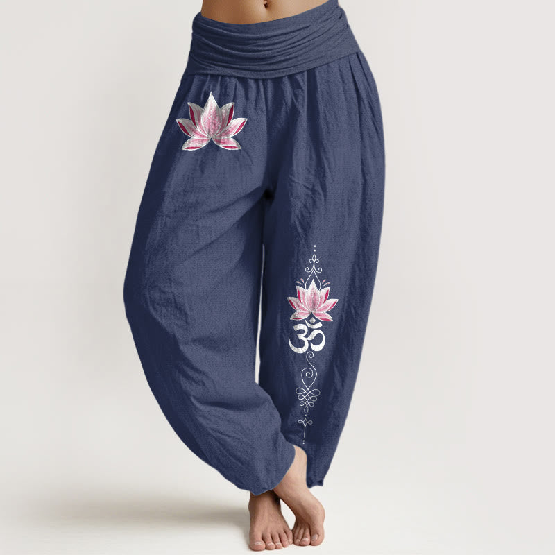 Buddha Stones Pantalon harem à taille élastique pour femme, motif lotus OM rose en coton - Bleu ardoise foncé - US16，UK/AU20，EU48 (3XL) - image 8